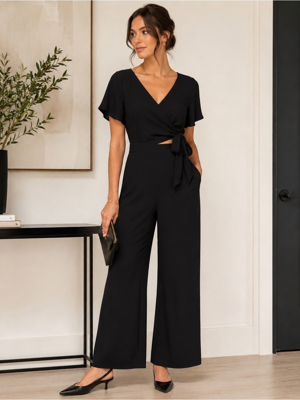 Leith Black Wrap-Tie Wide-Leg Jumpsuit Size Small